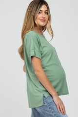 Light Olive Ribbed Hi-Low Hem Pocketed Maternity Top