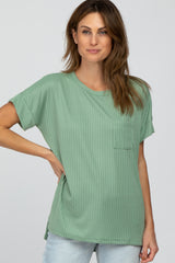 Light Olive Ribbed Hi-Low Hem Pocketed Top