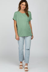 Light Olive Ribbed Hi-Low Hem Pocketed Top