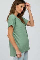 Light Olive Ribbed Hi-Low Hem Pocketed Top