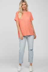 Coral Ribbed Hi-Low Hem Pocketed Top