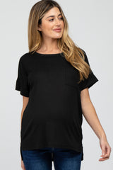 Black Ribbed Hi-Low Hem Pocketed Maternity Top