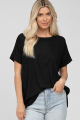 Black Ribbed Hi-Low Hem Pocketed Top