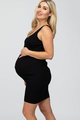 Black Ribbed Back Cutout Maternity Dress