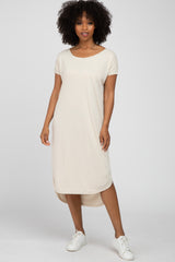 Beige Raw Hem Basic Maternity Dress