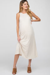 Beige Low V-Back Sleeveless Maternity Midi Dress