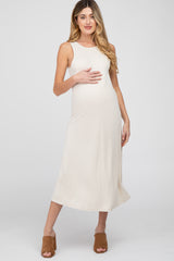 Beige Low V-Back Sleeveless Maternity Midi Dress