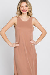 Mocha Low V-Back Sleeveless Midi Dress