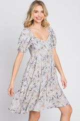 Grey Floral Sweetheart Neck Dress