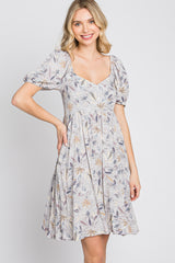 Grey Floral Sweetheart Neck Dress