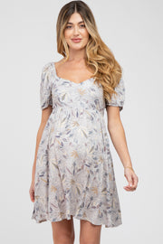 Grey Floral Sweetheart Neck Maternity Dress