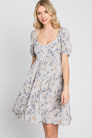 Grey Floral Sweetheart Neck Dress