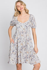 Grey Floral Sweetheart Neck Dress