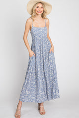 Blue Floral Back Cutout Midi Dress