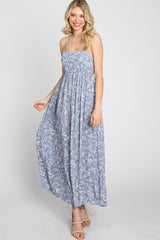 Blue Floral Back Cutout Midi Dress