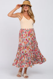 Beige Tropical Floral Ruffle Tiered Maternity Midi Skirt