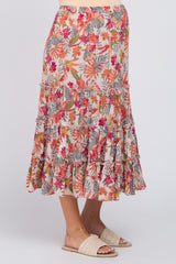 Beige Tropical Floral Ruffle Tiered Maternity Midi Skirt