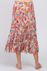 Beige Tropical Floral Ruffle Tiered Maternity Midi Skirt