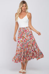 Beige Tropical Floral Ruffle Tiered Midi Skirt