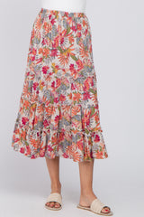 Beige Tropical Floral Ruffle Tiered Midi Skirt