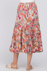 Beige Tropical Floral Ruffle Tiered Midi Skirt