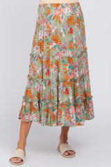 Green Tropical Floral Ruffle Tiered Maternity Midi Skirt