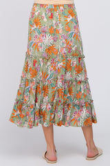 Green Tropical Floral Ruffle Tiered Maternity Midi Skirt