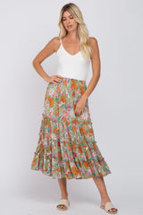 Green Tropical Floral Ruffle Tiered Maternity Midi Skirt