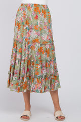 Green Tropical Floral Ruffle Tiered Midi Skirt