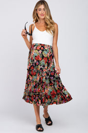 Black Tropical Floral Ruffle Tiered Maternity Midi Skirt