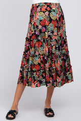 Black Tropical Floral Ruffle Tiered Maternity Midi Skirt