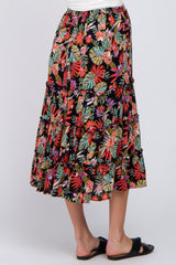 Black Tropical Floral Ruffle Tiered Maternity Midi Skirt