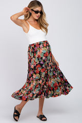 Black Tropical Floral Ruffle Tiered Maternity Midi Skirt