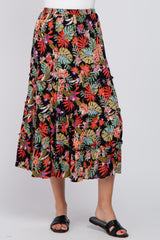 Black Tropical Floral Ruffle Tiered Midi Skirt