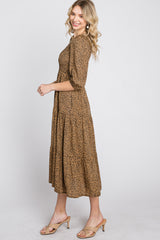 Camel Animal Print Smocked Midi Dress