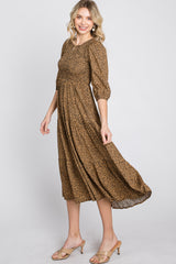 Camel Animal Print Smocked Midi Dress