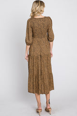 Camel Animal Print Smocked Midi Dress