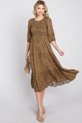 Camel Animal Print Smocked Midi Dress