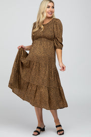 Camel Animal Print Smocked Maternity Midi Dress