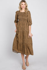 Camel Animal Print Smocked Midi Dress