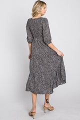 Black Animal Print Smocked Midi Dress