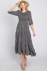 Black Animal Print Smocked Midi Dress