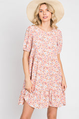 Pink Floral Short Sleeve Ruffle Hem Dress