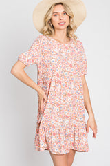 Pink Floral Short Sleeve Ruffle Hem Dress