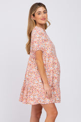 Pink Floral Short Sleeve Ruffle Hem Maternity Dress