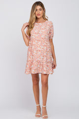 Pink Floral Short Sleeve Ruffle Hem Maternity Dress