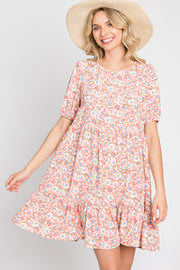 Pink Floral Short Sleeve Ruffle Hem Dress