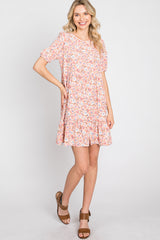 Pink Floral Short Sleeve Ruffle Hem Dress