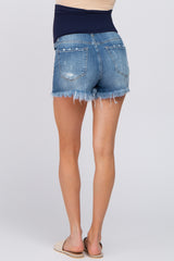 Navy Distressed Frayed Hem Maternity Shorts