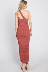 Rust Ruched One Shoulder Midi Dress